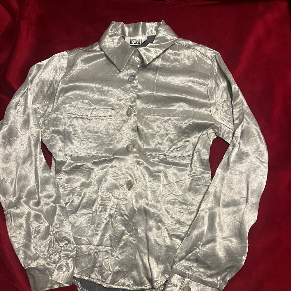 Silver Satin Button Down Shirt